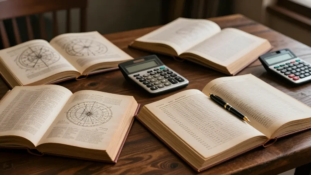 Книги для изучения натальной карты: Раскрытые книги, астрономические таблицы и калькулятор на деревянном столе