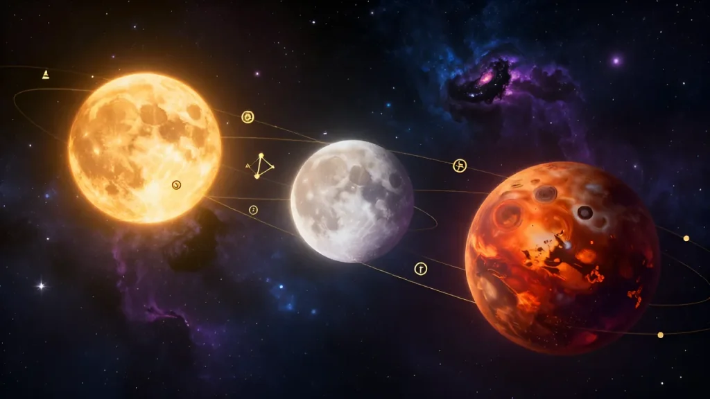 Astro app net натальная карта: Стилизованные планеты Солнца, Луны и Марса в глубоком космосе