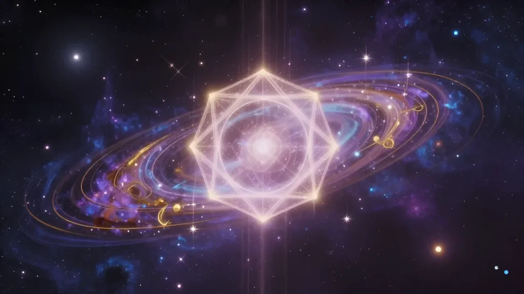 Аспект мага в натальной карте: Мистическая композиция с геометрическим семиугольником и сияющими звездами