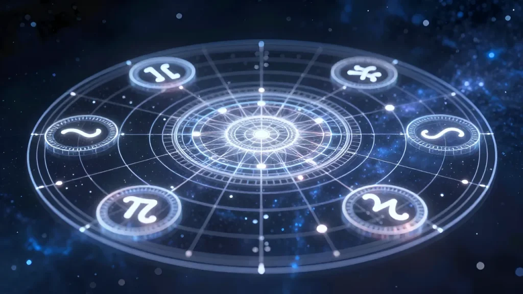 Как правильно расшифровать натальную карту самостоятельно: Многослойная полупрозрачная голограмма со звездным небом и геометрическими линиями