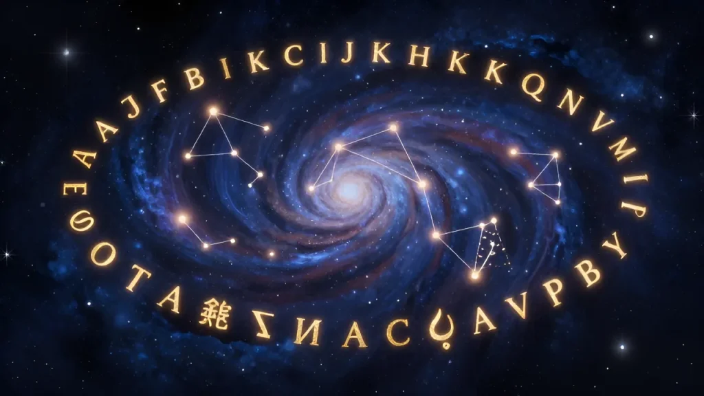Способности к языкам в натальной карте: Символы разных алфавитов и звездное небо в мистическом стиле
